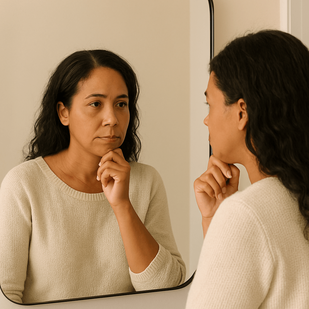 woman with long dark hair looking at herself in the mirror in beige top, questioning herself