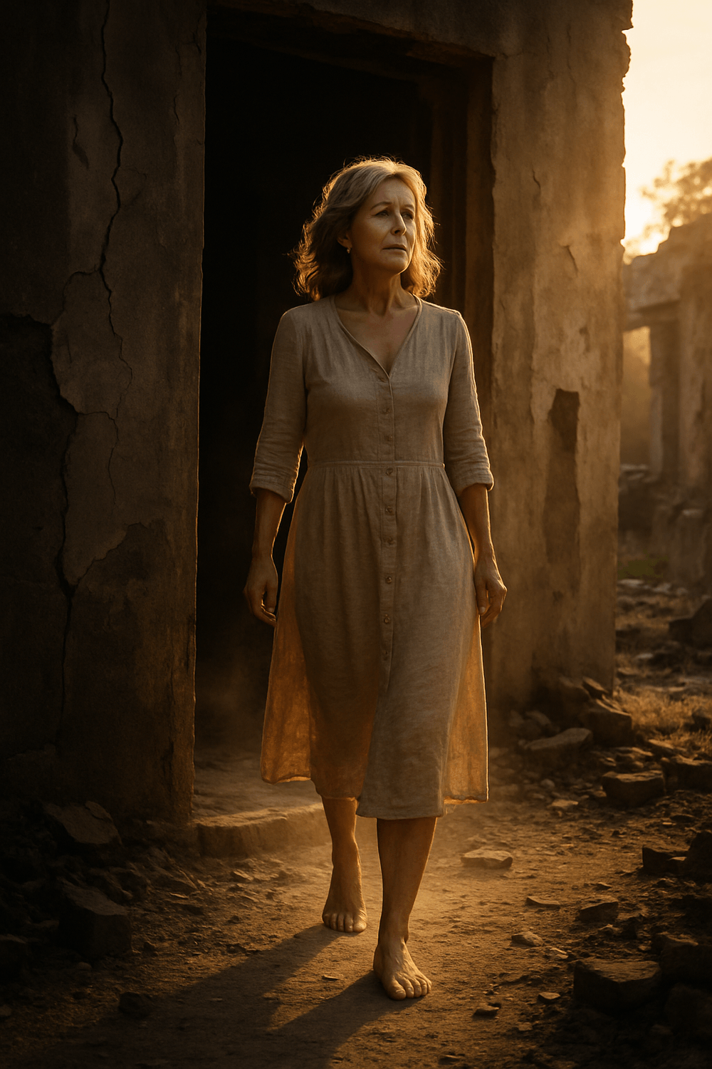 middle-aged blonde woman in a beige dress walking out of the ruins of her life