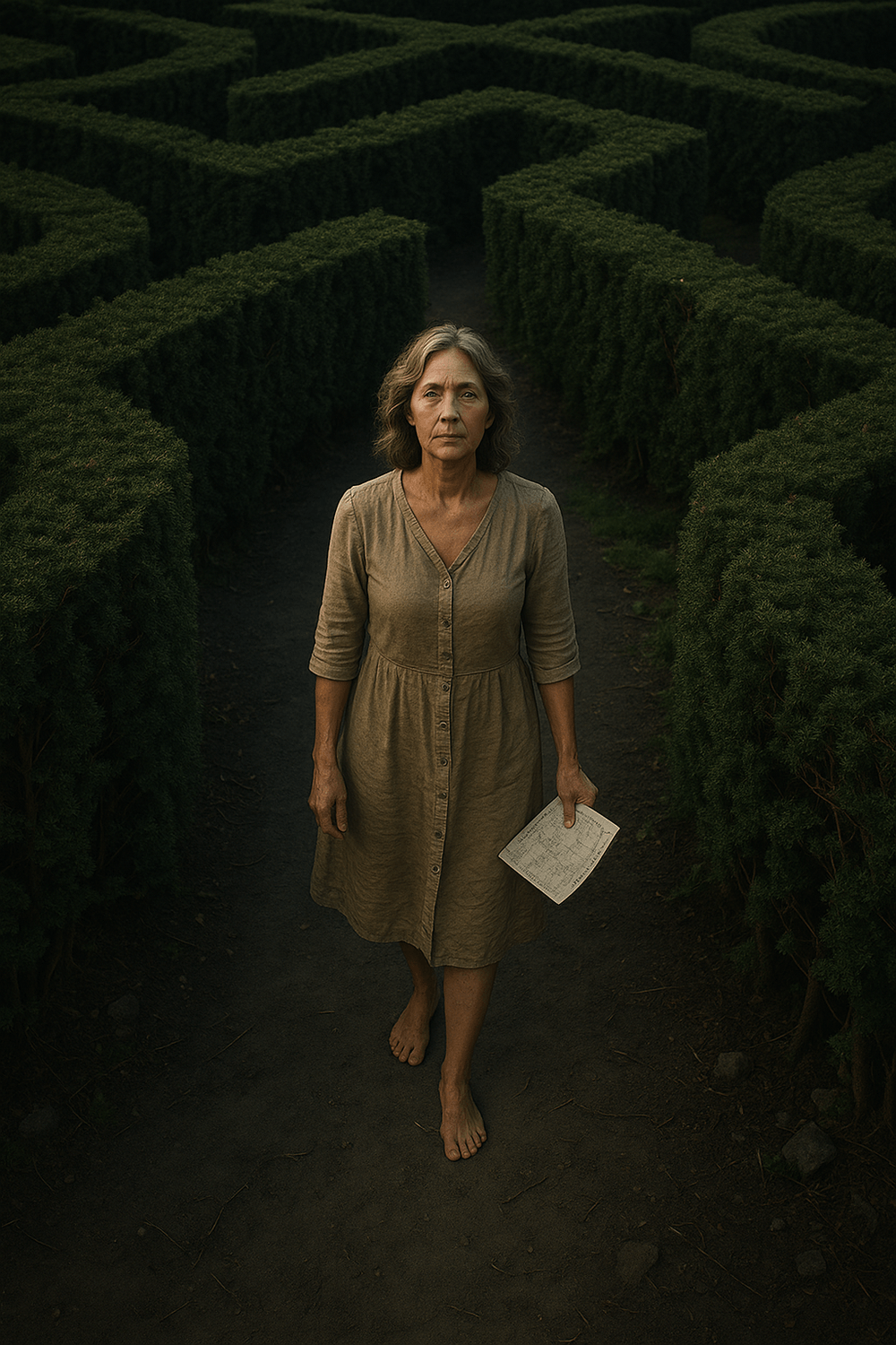middle-aged woman in a dress with a map looking lost in the maze of confusion