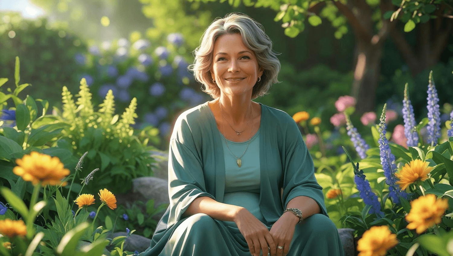 a minddle aged woman smiling and urrounded by flowers