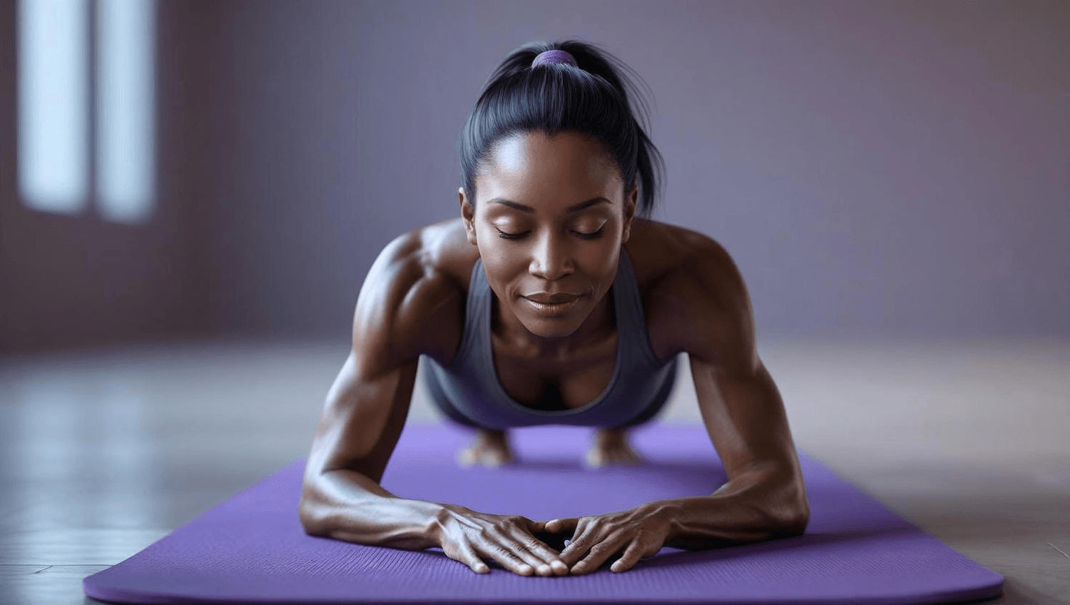 african american woman in athletic clothing doing a plank on a purple yoga mat