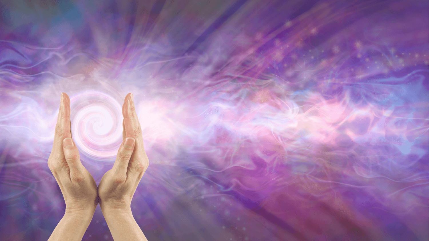 two hands creating energy between them in a purple wave
