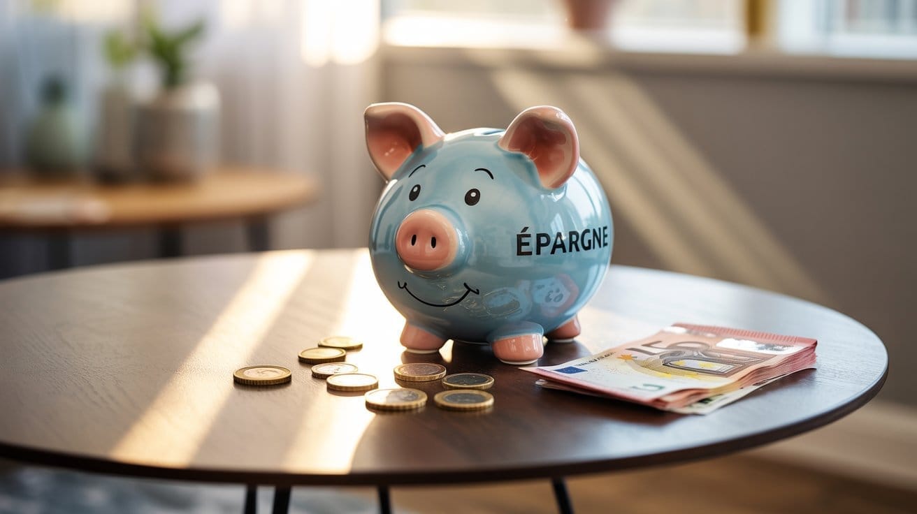 Illustration de l'espoir d'économiser de l'argent avec un petit salaire, symbolisé par une tirelire cochon et des pièces, représentant la gestion financière et le budget modeste.