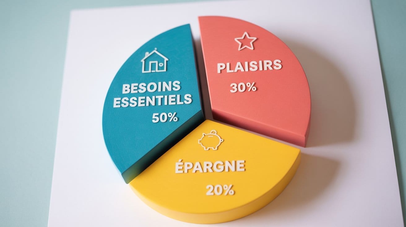 Infographie de la méthode 50/30/20 adaptée pour la répartition des revenus avec un budget modeste, illustrant l'épargne et les besoins essentiels.