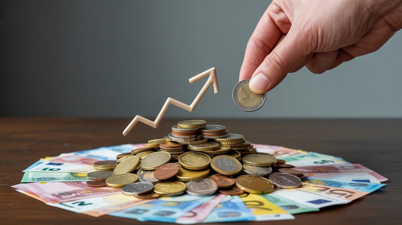 Représentation visuelle d'un objectif d'épargne avec un petit salaire, montrant une pile de pièces et une flèche de croissance, symbolisant l'épargne progressiv