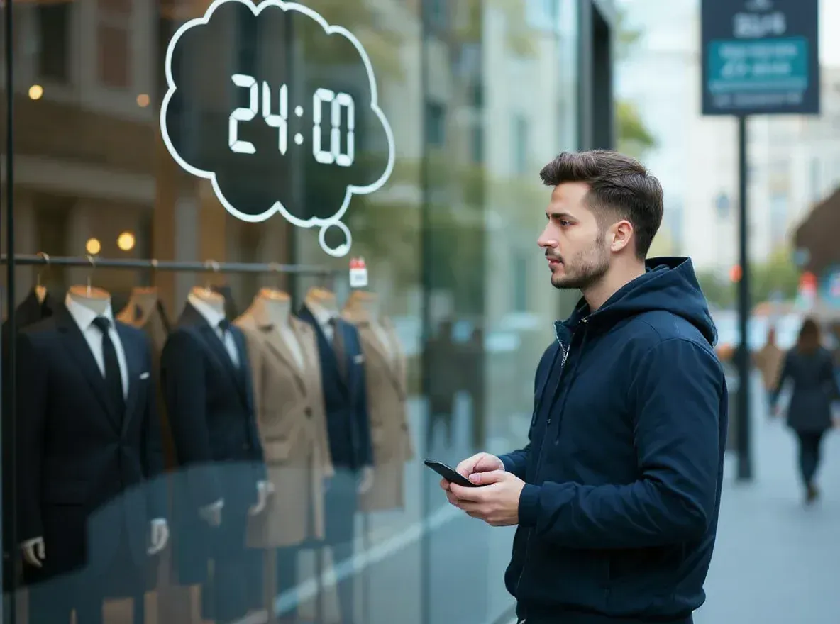 Personne appliquant la méthode des 24 heures pour éviter un achat impulsif, illustrant la consommation consciente et la maîtrise des envies