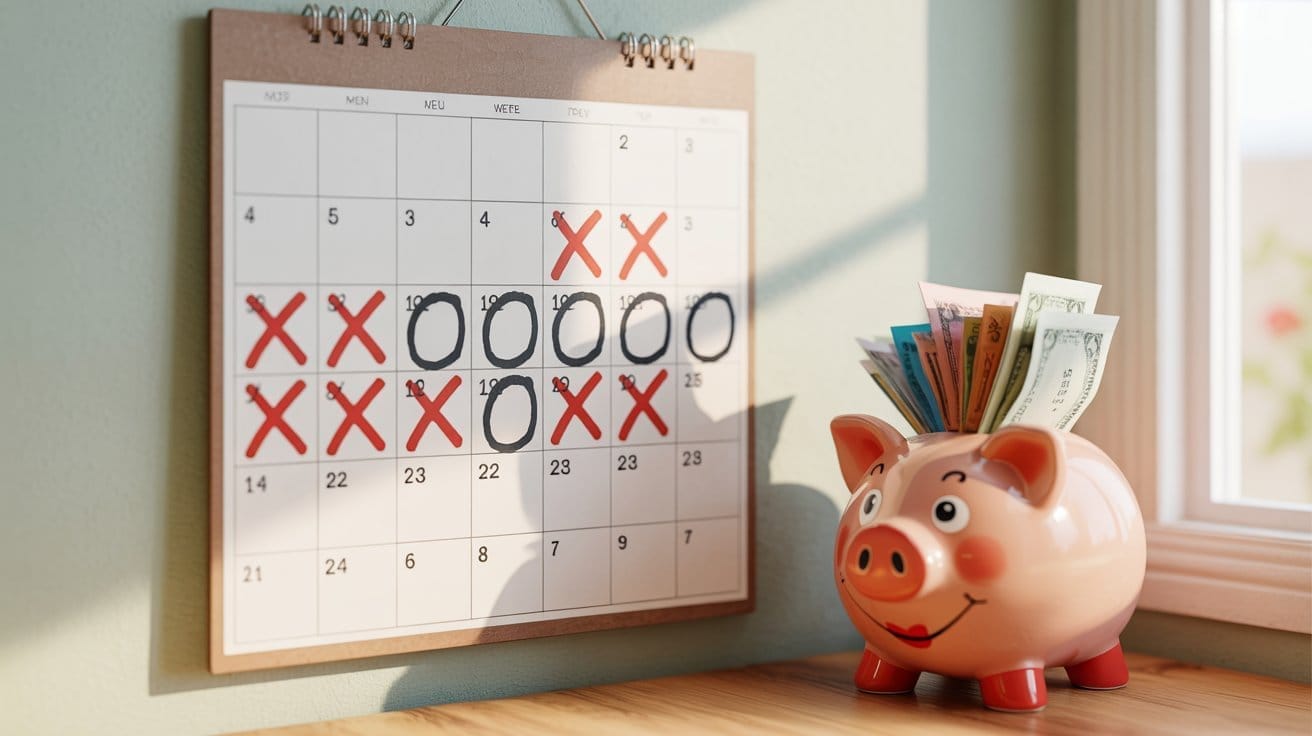 Illustration du défi zéro dépense, montrant un calendrier avec des jours sans dépenses et une tirelire pleine, symbolisant l'épargne rapide et le budget maîtrisé.