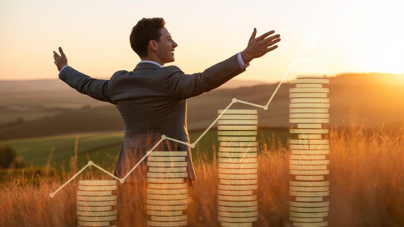 Image symbolisant le contrôle retrouvé des finances et la réussite des économies, avec une personne confiante et des éléments de croissance financière.
