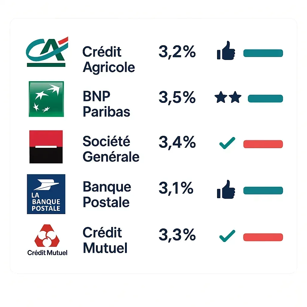 Comparatif des meilleures banques pour prêt immobilier CDD en 2025 - Logos bancaires et taux d'intérêt