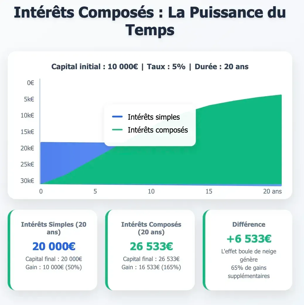 Infographie complète sur les intérêts composés montrant la croissance d'un capital de 10000 euros sur 20 ans avec effet boule de neige