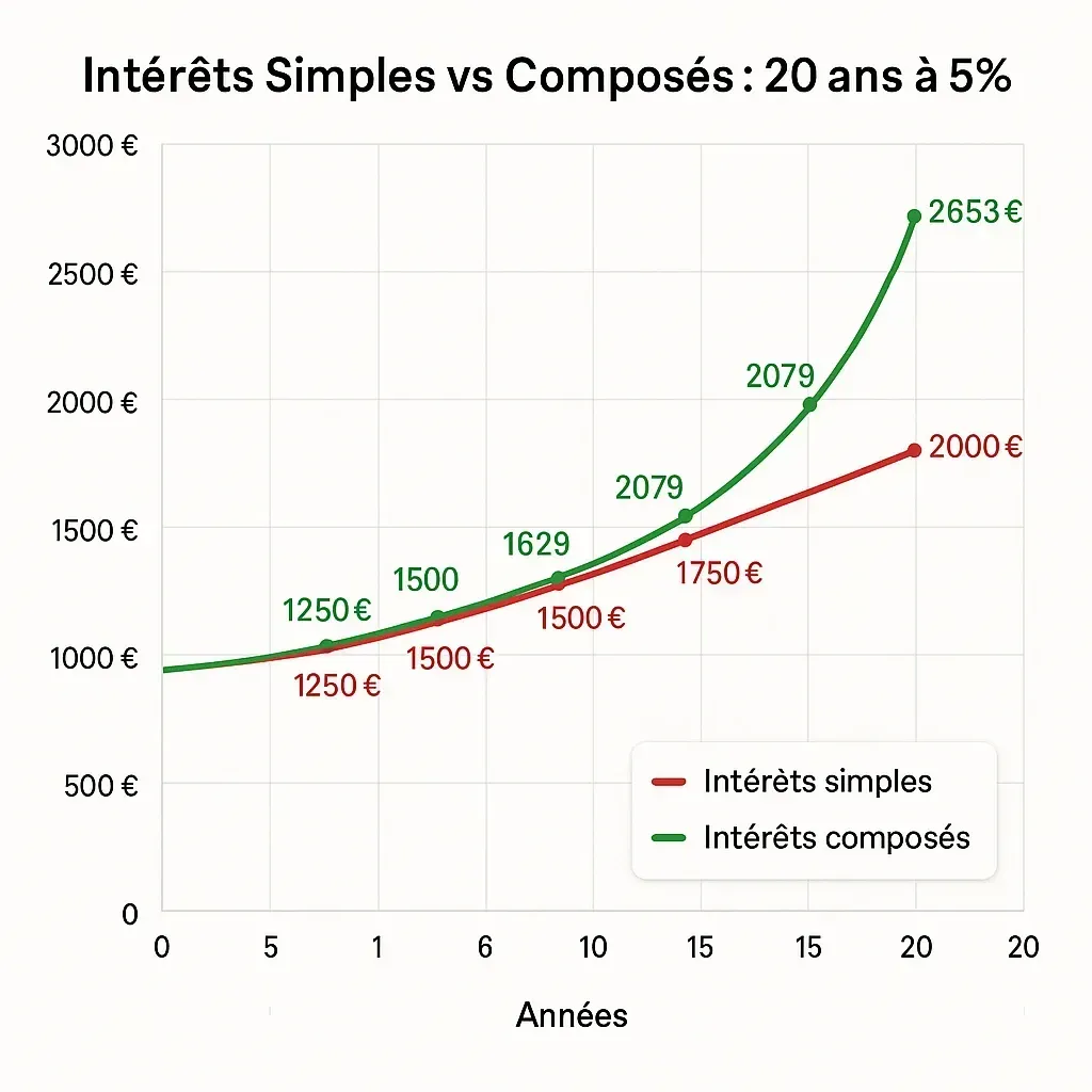 Graphique comparatif montrant la différence de croissance entre intérêts simples et intérêts composés sur 20 ans