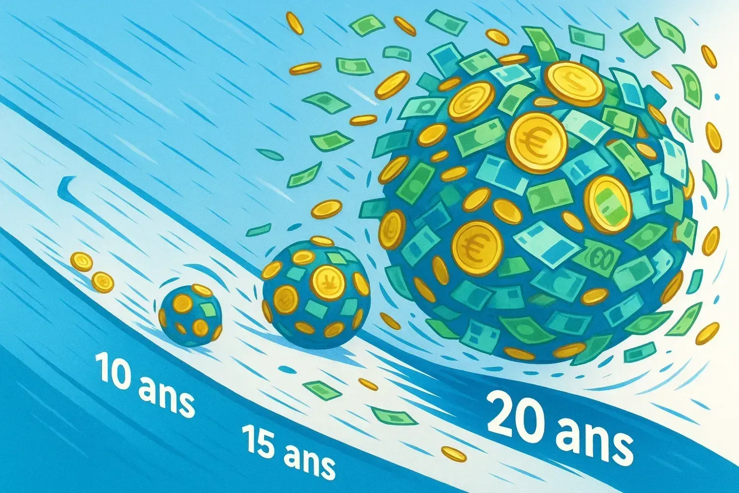 Illustration métaphorique de l'effet boule de neige des intérêts composés avec accumulation progressive de richesse