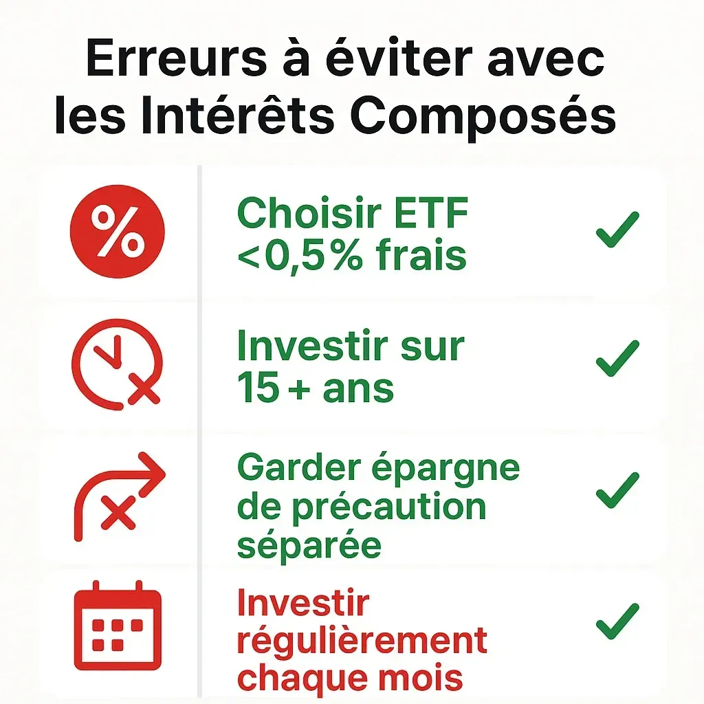 Infographie des principales erreurs à éviter avec les intérêts composés : frais élevés, impatience, retraits prématurés
