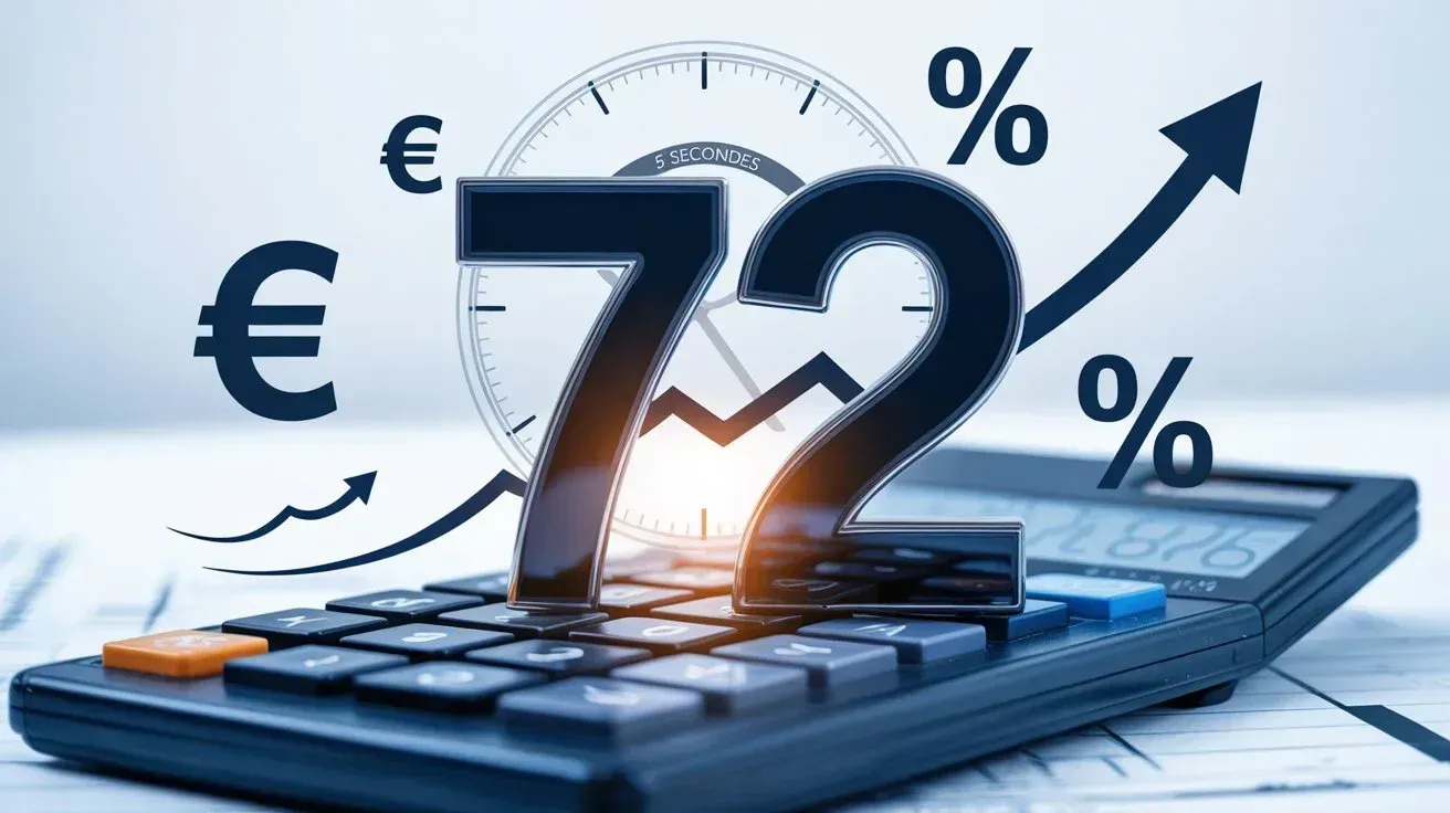 Illustration de la Règle des 72 pour calculer rapidement le doublement du capital avec calculatrice et symboles financiers