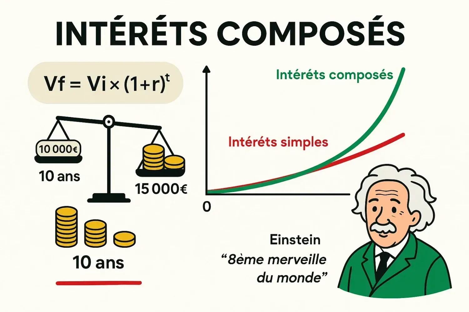 Comparaison visuelle entre intérêts simples et composés avec formule mathématique et courbes de croissance