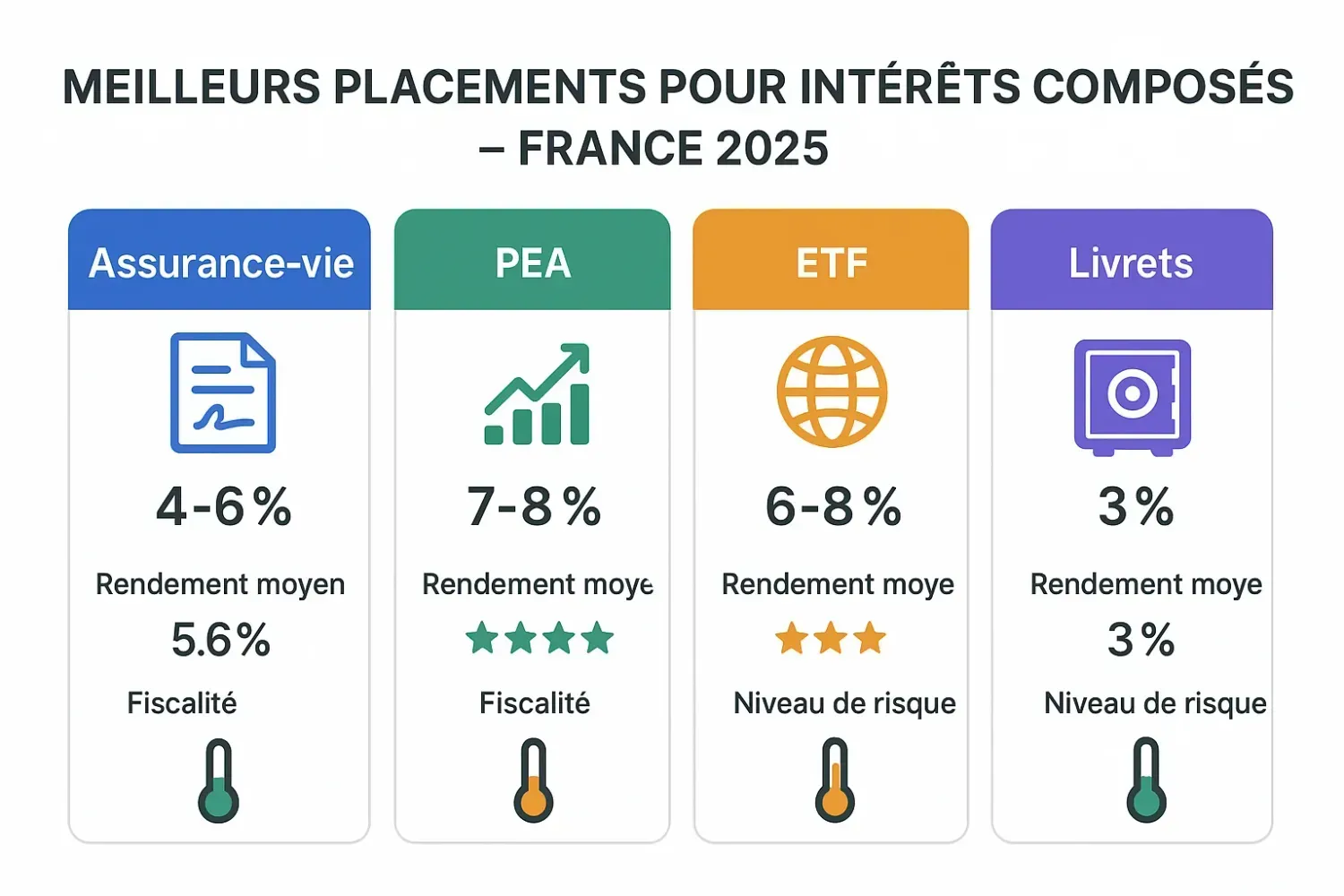 Comparatif des meilleurs placements français pour intérêts composés : PEA, assurance-vie, SCPI, livrets