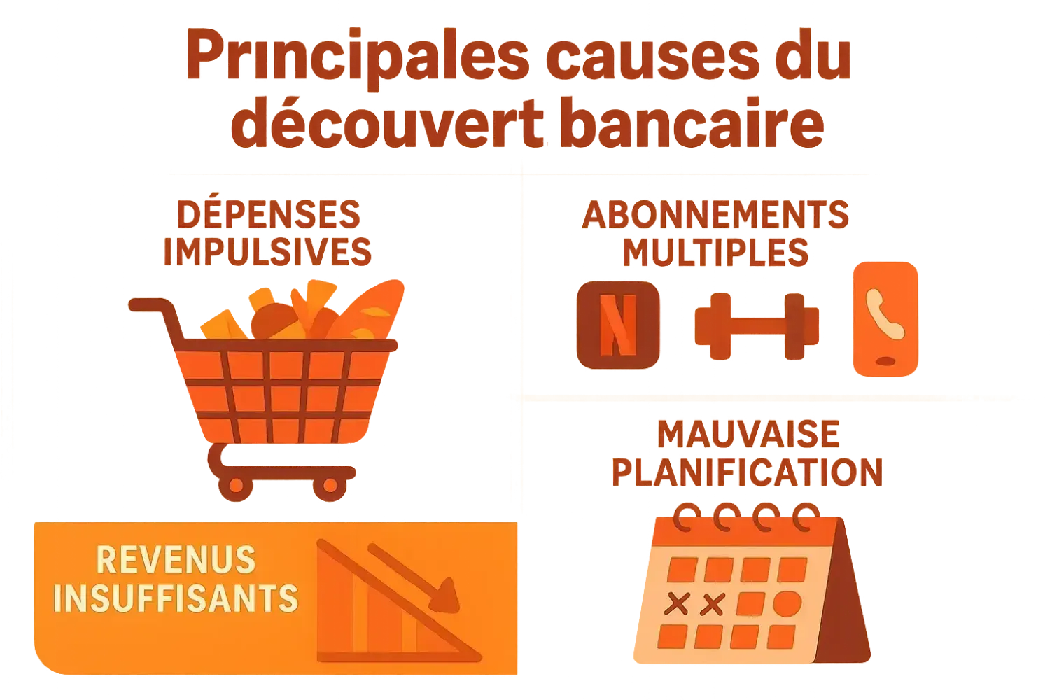 Infographie des principales causes du découvert bancaire : dépenses impulsives, abonnements, revenus insuffisants