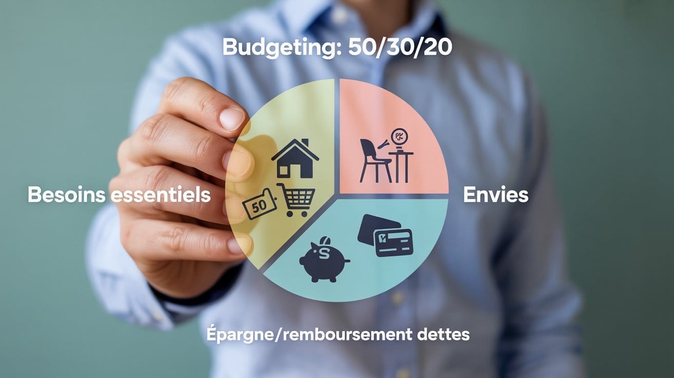 Infographie de la méthode budgétaire 50/30/20 pour éviter le découvert bancaire