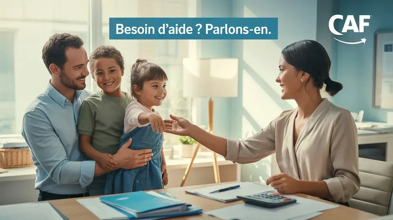 Famille recevant aide CAF pour découvert bancaire avec conseiller bienveillant au bureau CAF
