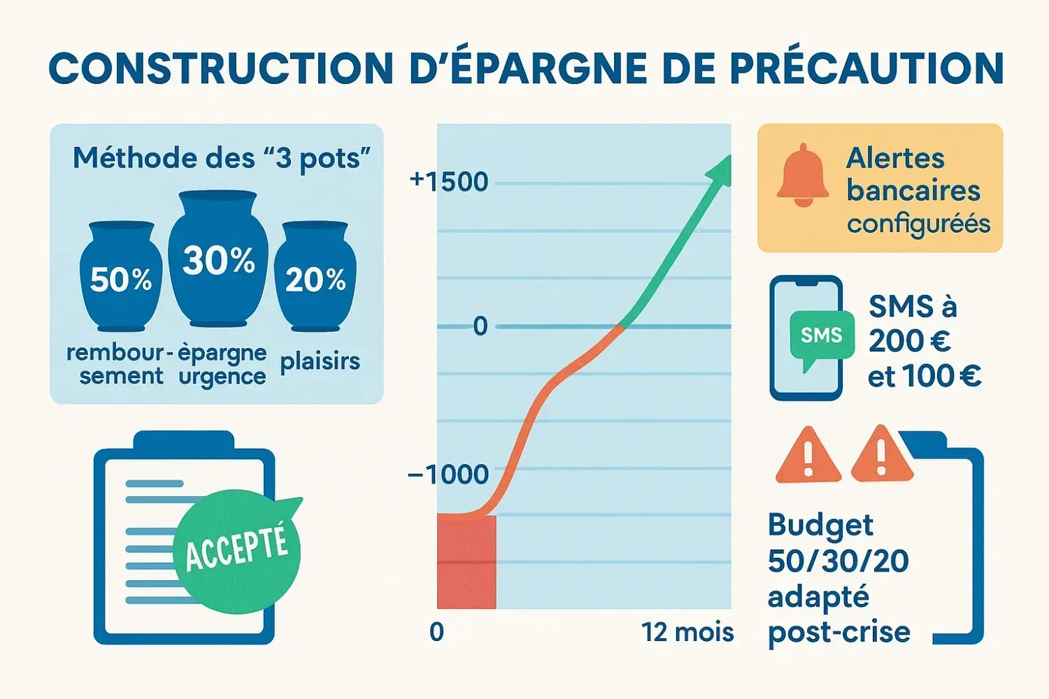 Prévention découvert 1000 euros : épargne précaution, budget 3 pots, alertes bancaires pour éviter récidive