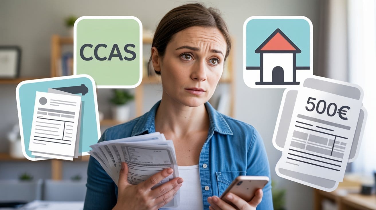 Aide financière urgence CCAS 500 euros - femme tenant factures et téléphone avec icônes solutions
