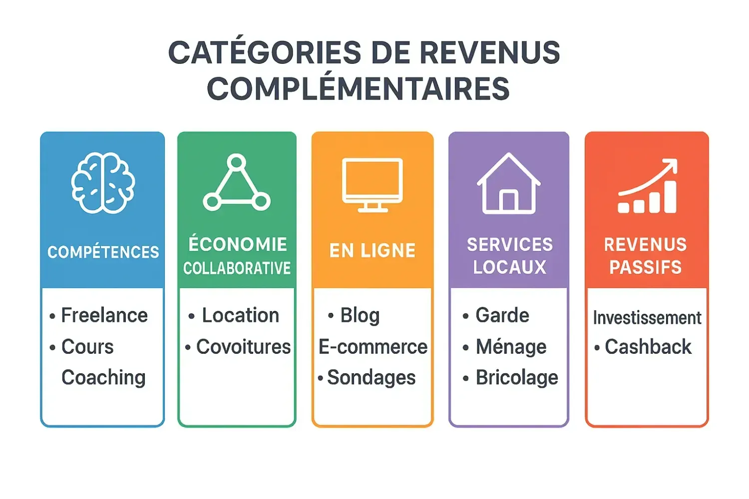 Infographie des 5 catégories principales de revenus complémentaires pour arrondir ses fins de mois