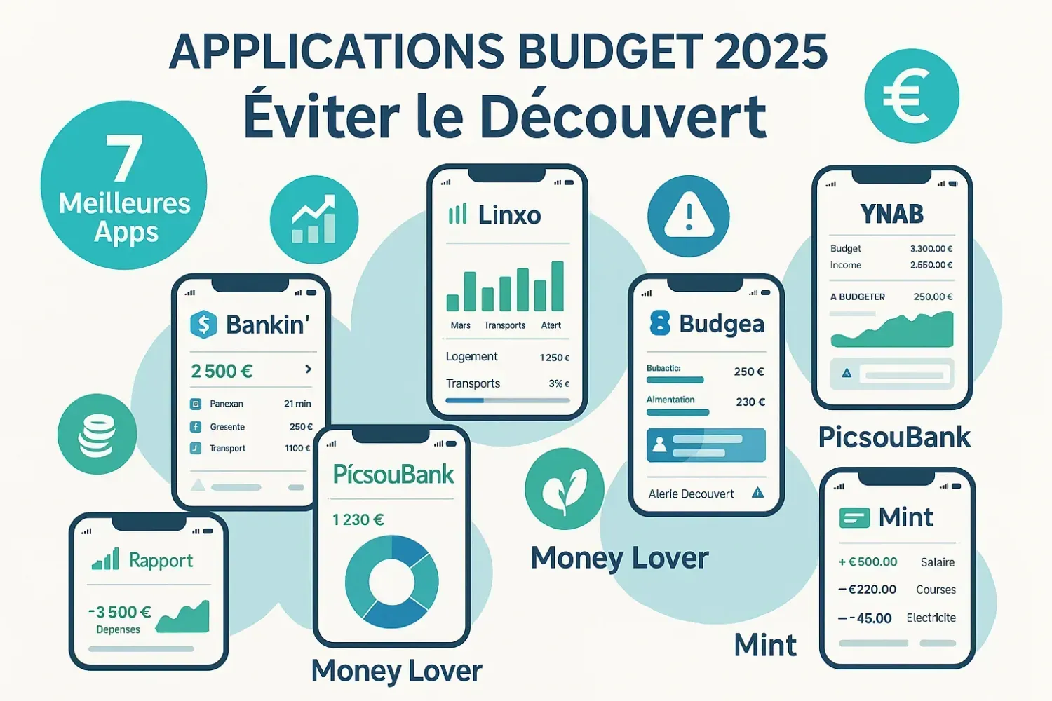 Les 7 meilleures applications budget 2025 pour éviter le découvert bancaire - Bankin', Linxo, Budgea, YNAB, PicsouBank, Money Lover, Mint