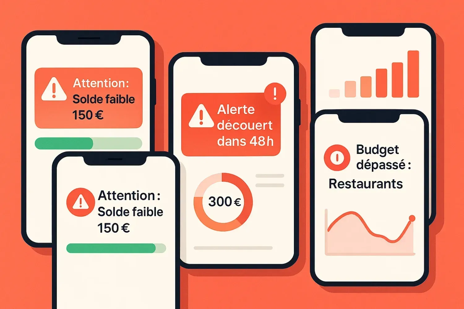 Alertes préventives applications budget - notifications solde faible, découvert 48h, budget dépassé restaurants pour éviter frais bancaires