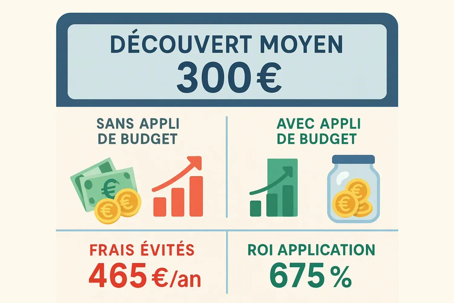 Calcul économies éviter découvert avec application budget - 300€ découvert moyen, 465€ frais évités par an, ROI 675% investissement application