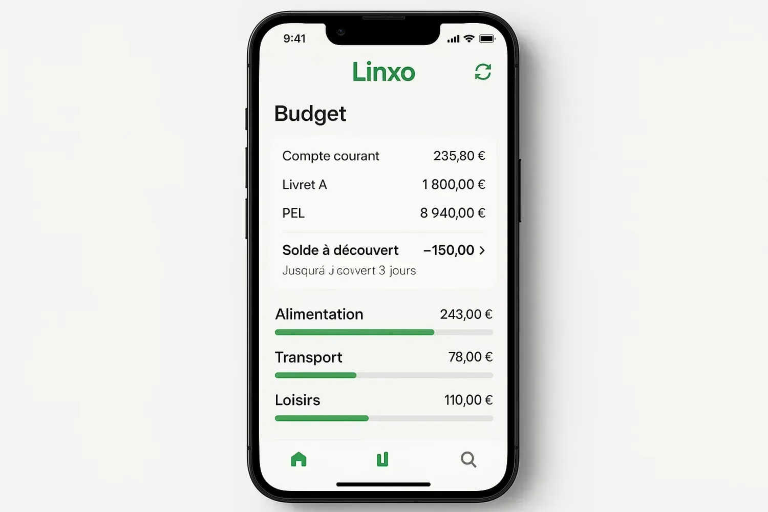 Interface Linxo application budget simple - tableau de bord épuré avec comptes français, catégories dépenses et alertes solde découvert