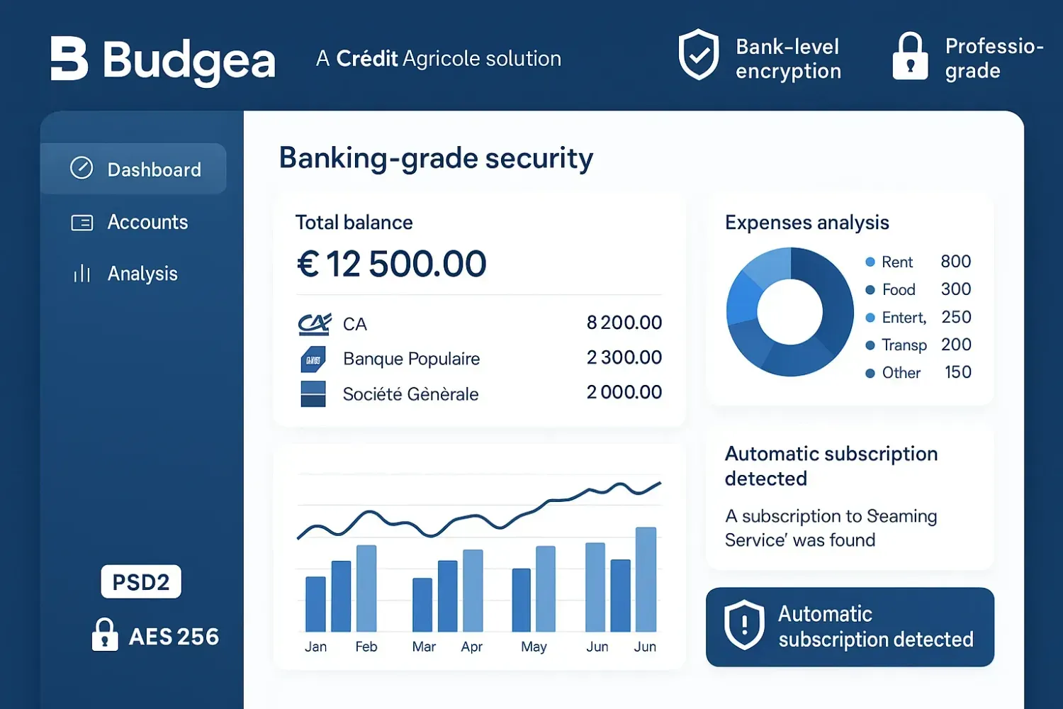 Interface Budgea Crédit Agricole - sécurité bancaire niveau professionnel, analyse dépenses avancée, détection abonnements automatique