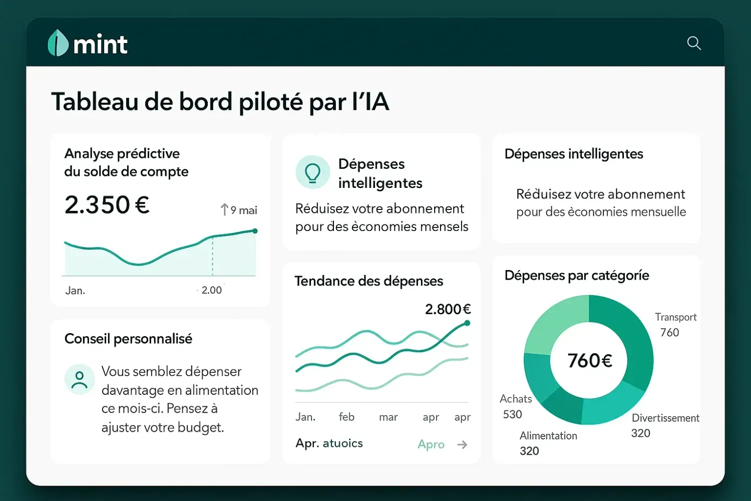 Mint interface IA prédictive française - analyse intelligente dépenses, conseils personnalisés, tableau bord piloté intelligence artificielle