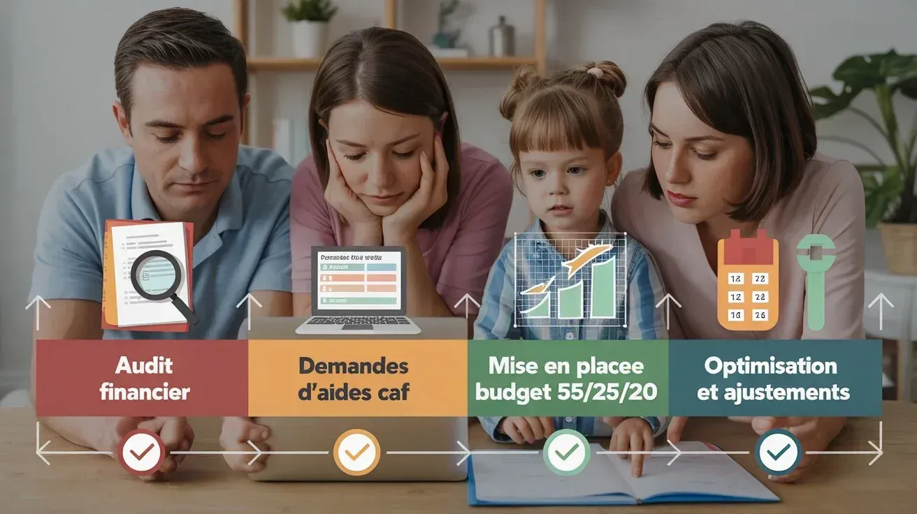 Plan action 30 jours budget familial : étapes sortir découvert avec enfants, aide CAF, méthode