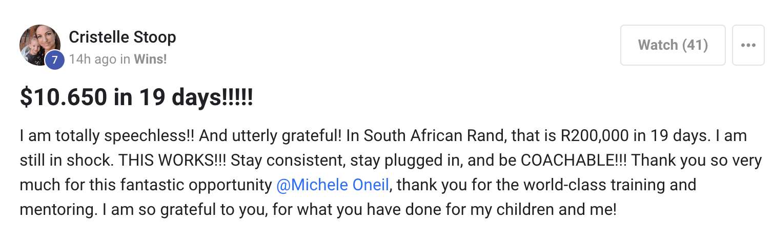Testimonial screenshot of Cristelle Stoop celebrating $10,650 earned in 19 days using the Legacy Builders Program