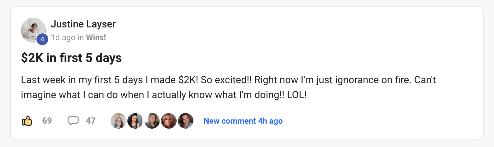 Testimonial screenshot of Justine Layser celebrating $2,000 earned in the first 5 days using the Legacy Builders Program
