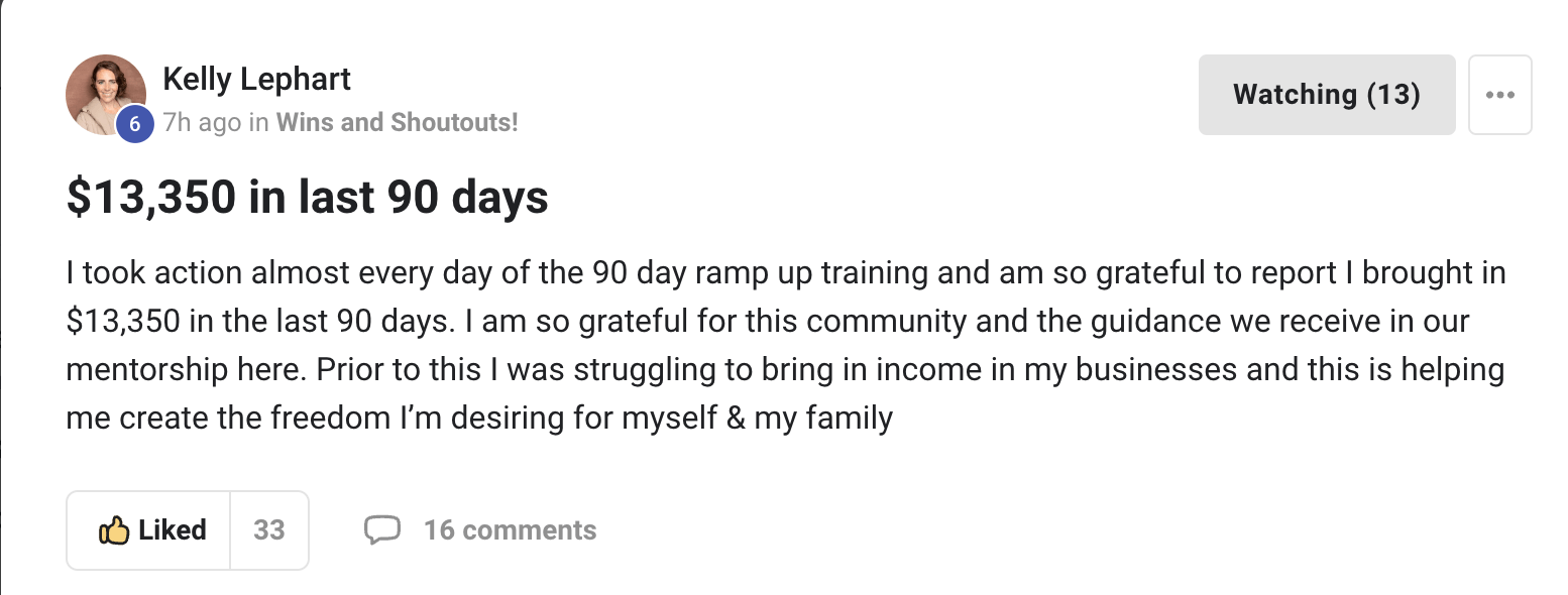 Testimonial screenshot of Kelly Lephart celebrating $13,350 earned in the last 90 days using the Legacy Builders Program
