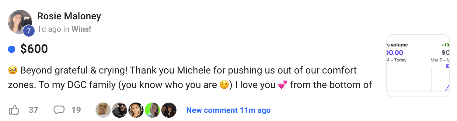 Testimonial screenshot of Rosie Maloney celebrating $600 earned using the Legacy Builders Program