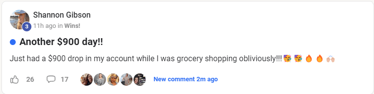 Testimonial screenshot of Shannon Gibson celebrating another $900 day using the Legacy Builders Program