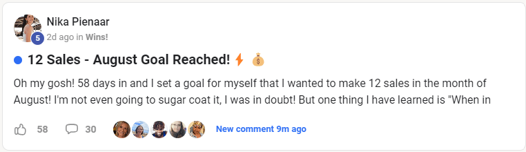 Testimonial screenshot of Nika Plenaar celebrating 12 sales and reaching her August goal using the Legacy Builders Program