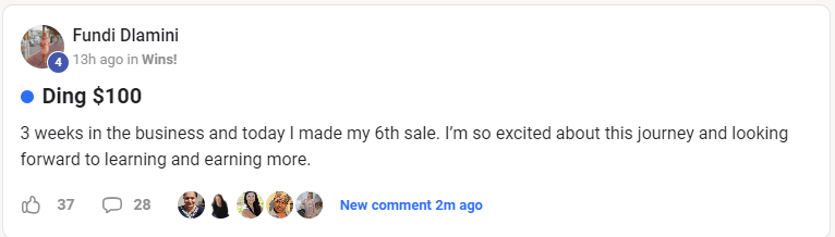 Testimonial screenshot of Fundi Dlamini celebrating a $100 ding using the Legacy Builders Program