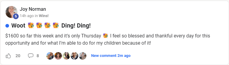 Testimonial screenshot of Joy Norman celebrating $1,600 earned so far this week, only Thursday, using the Legacy Builders Program