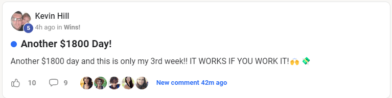 Testimonial screenshot of Kevin Hill celebrating another $1,800 day using the Legacy Builders Program