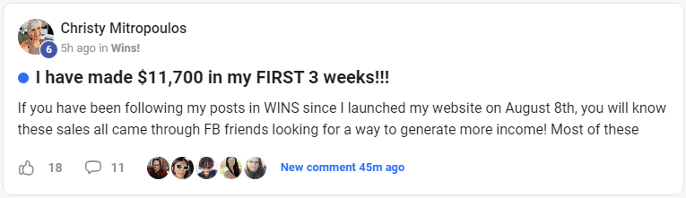 Testimonial screenshot of Christy Mitropoulos celebrating $11,700 earned in her first 3 weeks using the Legacy Builders Program