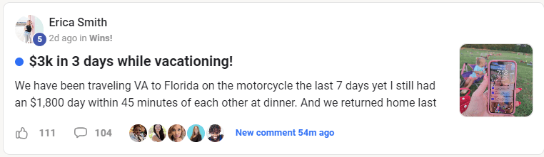 Testimonial screenshot of Erica Smith celebrating $3,000 earned in 3 days while on vacation using the Legacy Builders Program
