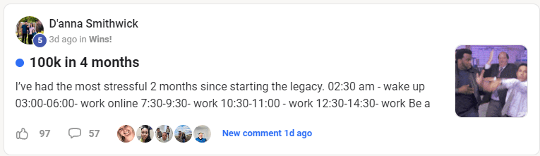 Testimonial screenshot of D'anna Smithwick celebrating $100,000 earned in 4 months using the Legacy Builders Program