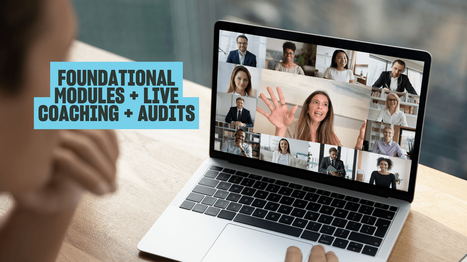 Live coaching Zoom call showing foundational modules, live coaching, and account audits