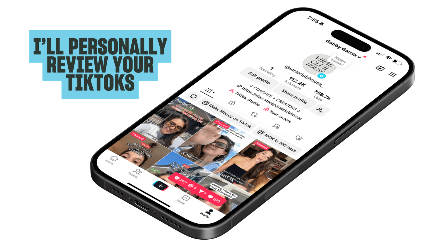 Personal TikTok review with creator feedback shown on phone