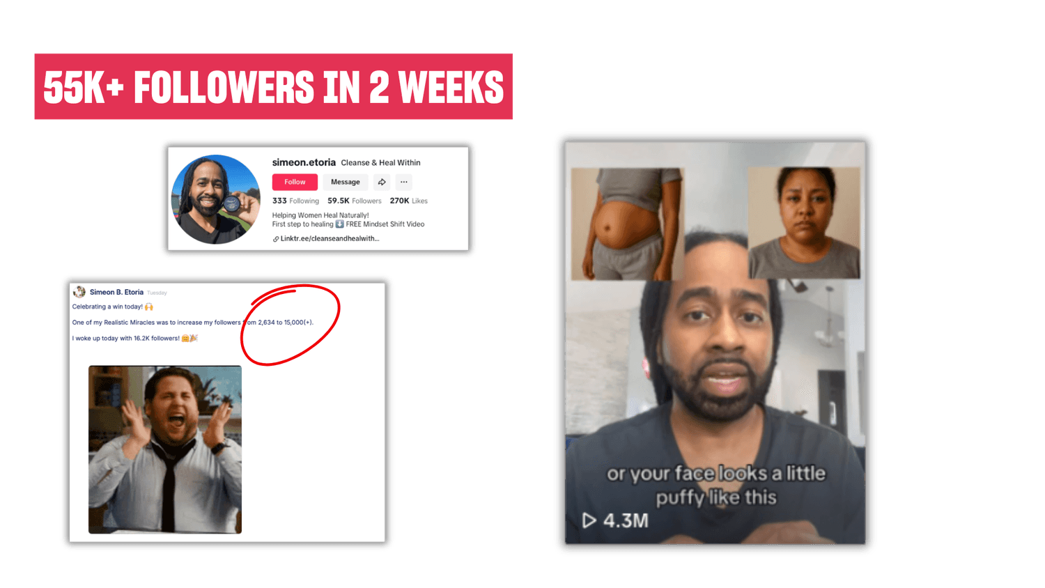 Simeon grew from 2,500 followers to 55,000+ followers in two weeks using TikTok growth system