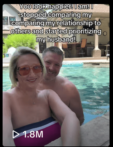 Lindsay and Todd TikTok video with 1.8 million views and message about prioritizing relationship over comparison