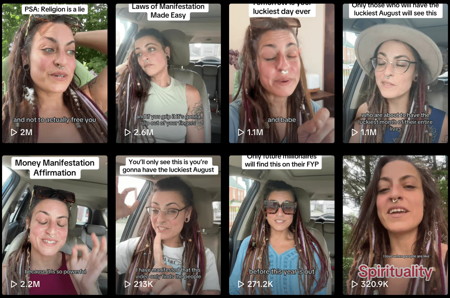 Kristina TikTok account showing multiple viral videos with 200K to 2.6M views
